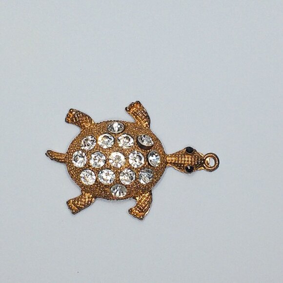 Golden Turtle Pendant, gold color, white rhinestone, shiny crystals details - Picture 6 of 8
